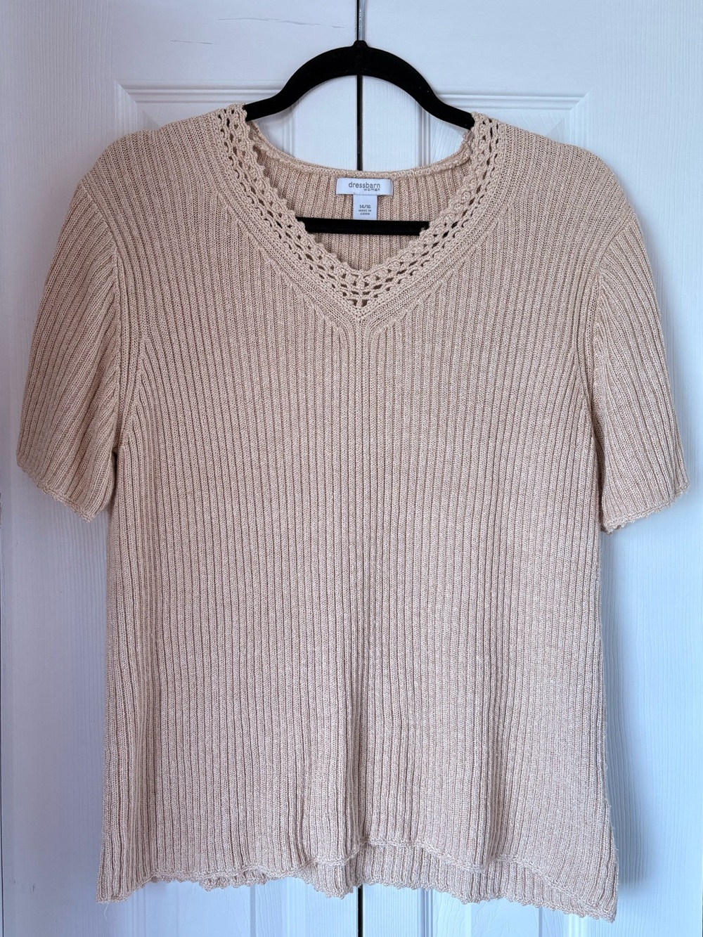 dressbarn Beige Ribbed V-Neck Short Sleeve Sweater
